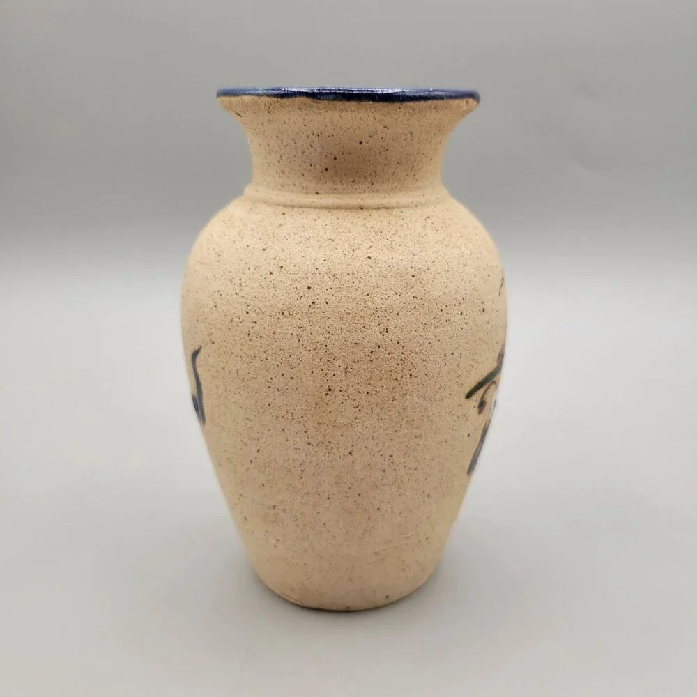Mexican Tonala Pottery Vase Bird Flowers Folk Art Sandstone